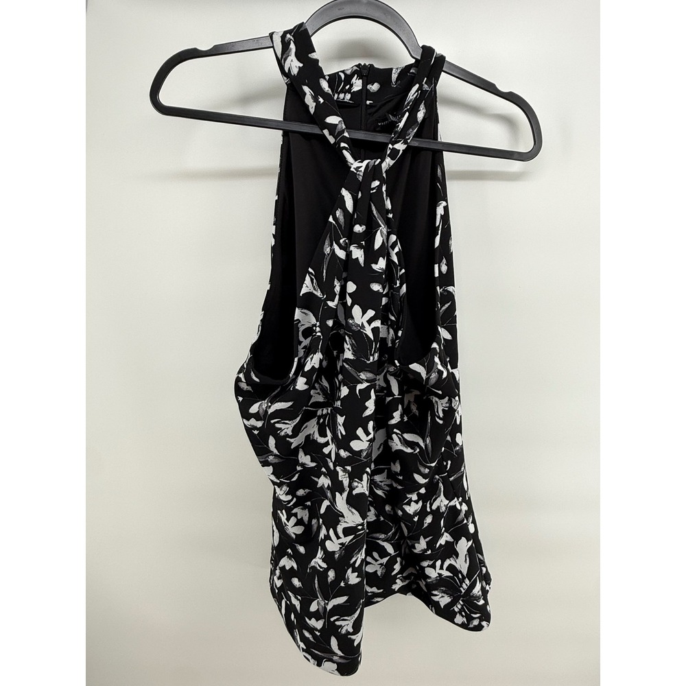 White House Black Market XL Black White Floral Halter Neck Knot Back Blouse Top